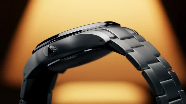 Sleek Black Watch Rotating on a Dark Background