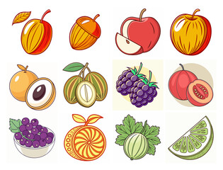Colorful Cartoon Illustration of Various Fruits Berries and an Acorn