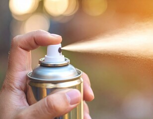 Close-up of hand using aerosol spray can with sunlight background