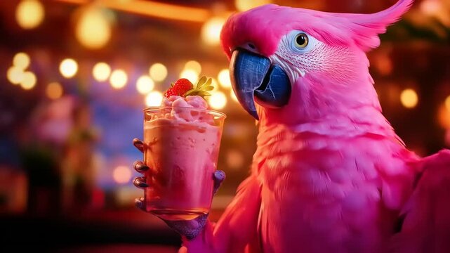 A vibrant pink parrot holding a colorful drink at a lively outdoor caf? during a festive evening