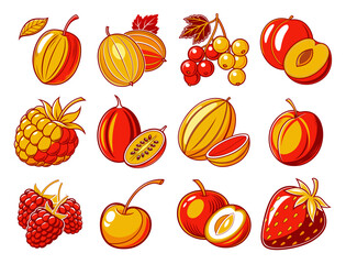 Collection of Cartoon Fruits Plum Gooseberry Currant Raspberry Cherry Strawberry and More