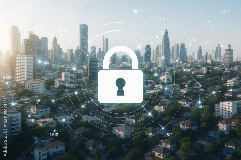 Poster Cybersecurity lock icon over smart city skyline with digital network connections and data points in abstract light background concept of secure technology.