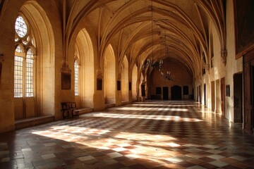 Obraz premium Ancient cloister hallway, sunlight patterns