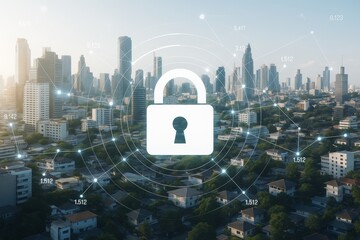 Cybersecurity lock icon over smart city skyline with digital network connections and data points in abstract light background concept of secure technology.