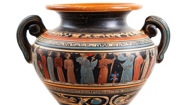 Greek classical pottery hydria with painted scenes, Transparent background, PNG file