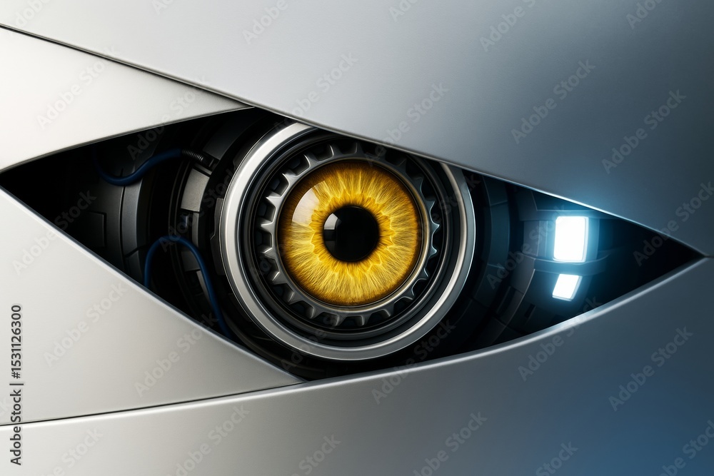 Poster Close-up of robotic eye with glowing yellow iris inside metallic casing, featuring futuristic technology concept and illuminated background light.