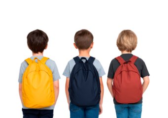 Three male children with backpacks facing away on transparent background, PNG