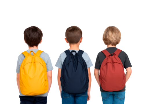 Three male children with backpacks facing away on transparent background, PNG