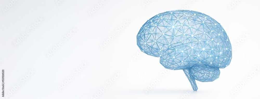Poster Abstract low-poly blue brain shape with glowing nodes on white background symbolizing digital intelligence, tech concept and copyspace design template.