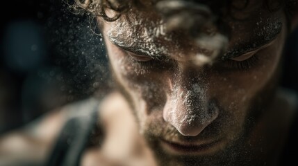 Intense focus on a climber with chalk dust before a challenging ascent in a gym
