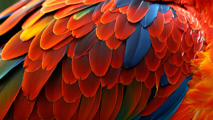 Fototapeta premium Vibrant Scarlet Macaw Feathers Close-Up: A Detailed Look at Nature's Colorful Palette