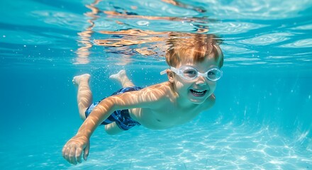 Happy child swimming underwater in a pool.