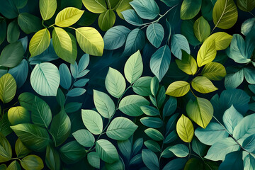 A vibrant display of various leaves in a rich green and yellow palette.
