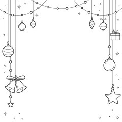 Christmas square frame with Christmas tree toys.   Christmas decorations black on white background. Outline vector illustration
