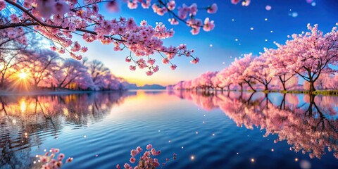 Enchanted Serenity A Breathtaking Sunrise over a Serene Lake with Blossoming Cherry Trees