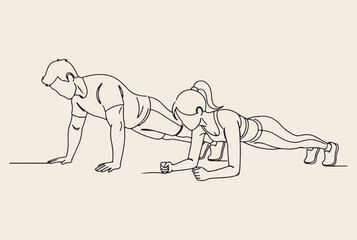 A simple line drawing illustrating a couple engaging in a plank exercise