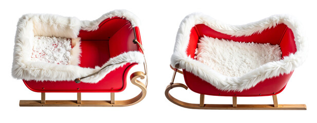 Top-Down View of Empty Christmas Sleigh with Snow Texture and Soft White Fur Trim Transparent Background. PNG