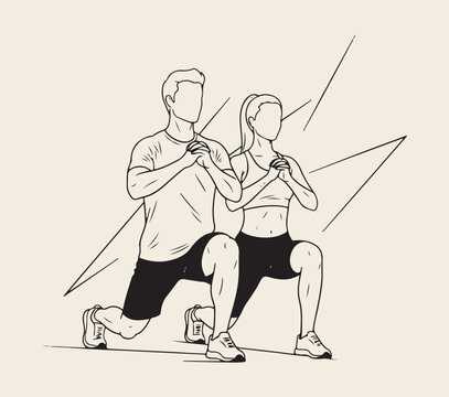 A simple line art drawing of a couple performing a lunge exercise