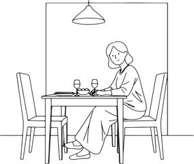 A minimalist line art drawing of a simple figure, perhaps a woman, seated at a dining table in a simple dining room