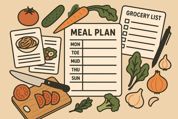 Meal Planning Illustration. Vector illustration showing meal planning process with recipe cards, grocery list, fresh ingredients,