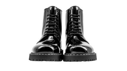 Glossy black combat boots with thick laces, Transparent background, PNG file