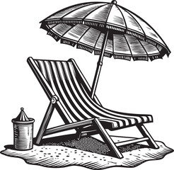 
A series of black and white illustrations featuring a beach chair and umbrella, sometimes accompanied by beach accessories like a drink or a sandcastle.
