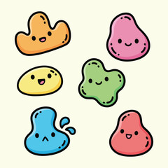 Assortment of Six Adorable Kawaii Blob Characters with Varied Expressions
