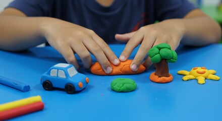 Childs Hands Shaping Playdough Landscape with Car and Sun