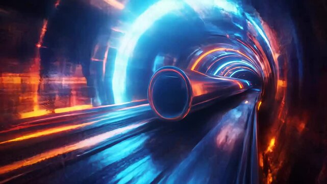 Surreal tunnel with metallic pipe, glowing blue and orange, vanishing into the light