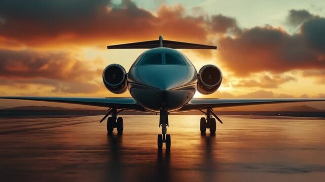Private jet sits on tarmac at sunset with colorful clouds in the background
