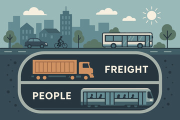 Urban Tunnel System. Vector illustration of urban tunnel system separating freight and people transit for noise and emissions