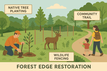 Fototapeta premium Forest Edge Restoration. Vector illustration of forest edge restoration with native tree planting, wildlife fencing, and community