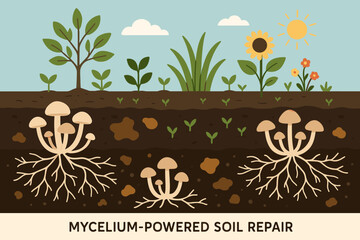 Fototapeta na wymiar Mycelium Soil Restoration. Vector illustration of mycelium-powered soil repair showing fungi colonizing contaminated soil and