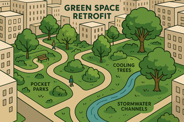 Urban Green Space Transformation. Vector illustration of green space retrofit in dense city with pocket parks, cooling trees, and