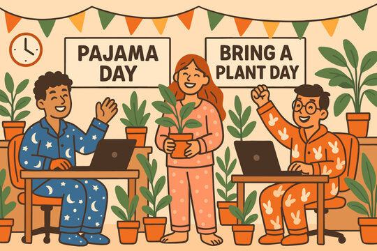 Fun Themed Workday. Vector illustration of themed workday (e.g., pajama day, bring a plant day) with relaxed and fun energy