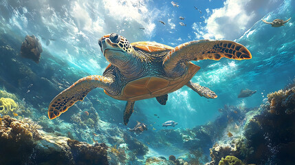 Obraz premium Sea turtle swimming in vibrant coral reef.