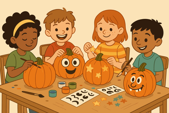 Pumpkin Decorating Fun. Vector illustration of kids decorating pumpkins at craft table with paints, stickers, and silly faces