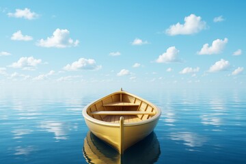 Obraz premium Wooden boat floating on calm blue sea under a bright sky with scattered clouds, peaceful background scene concept with light reflections.
