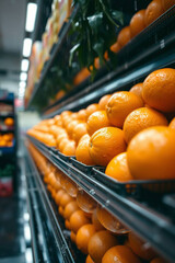 A close-up of fresh orange piles on a supermarket shelf, set in a wet rainy scene. Drizzling rain creates reflections on the oranges and the shelf's surfaces