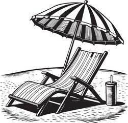 
A series of black and white illustrations featuring a beach chair and umbrella, sometimes accompanied by beach accessories like a drink or a sandcastle.