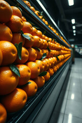 Dreamlike surreal close-up of adorable and cute piled fresh oranges on a supermarket shelf, intense jet black, deep shadows, fantastical elements