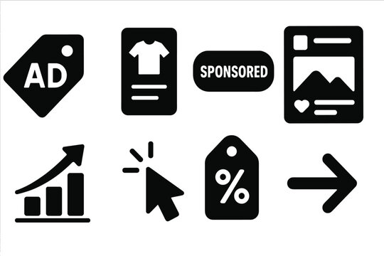 Solid Style Icons. Solid style icons of promoted content: ad tag, product card, sponsored label, promo post. Solid style of reach