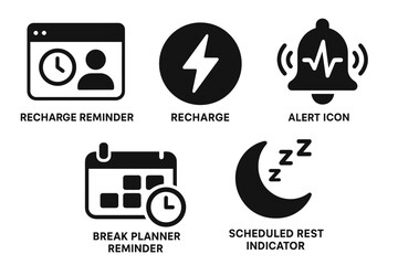 Wellness Recharge Icons. Solid style icons of recharge reminder: wellness popup with clock, recharge badge with spark, alert icon