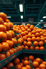 Terracotta and teal, epic scene, close-up of piled fresh oranges on a supermarket shelf, modern futuristic grand scale, lens glow lighting, heroic elements