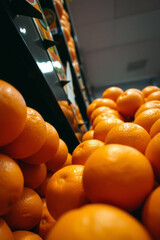Low-angle close-up of piled fresh oranges on a supermarket shelf, dramatic upward view