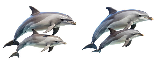 Young dolphin calf swimming beside adult side view duo isolated on Transparent Background PNG
