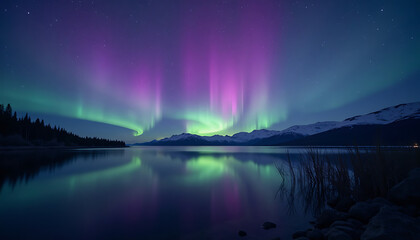 Stunning Aurora Borealis Reflected in a Tranquil Lake at Night