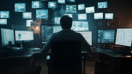 Man working late night dark room with multiple computer screens displaying coding, data, and software programming technology for cybersecurity tasks - Powered by Adobe