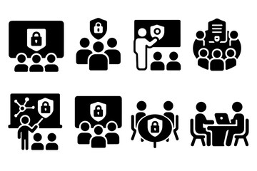 Cybersecurity Icons Collection. Solid style icons of cybersecurity meetings: video security briefing, team sync, policy board,