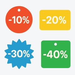 Discount tags showing various percentages of price reduction